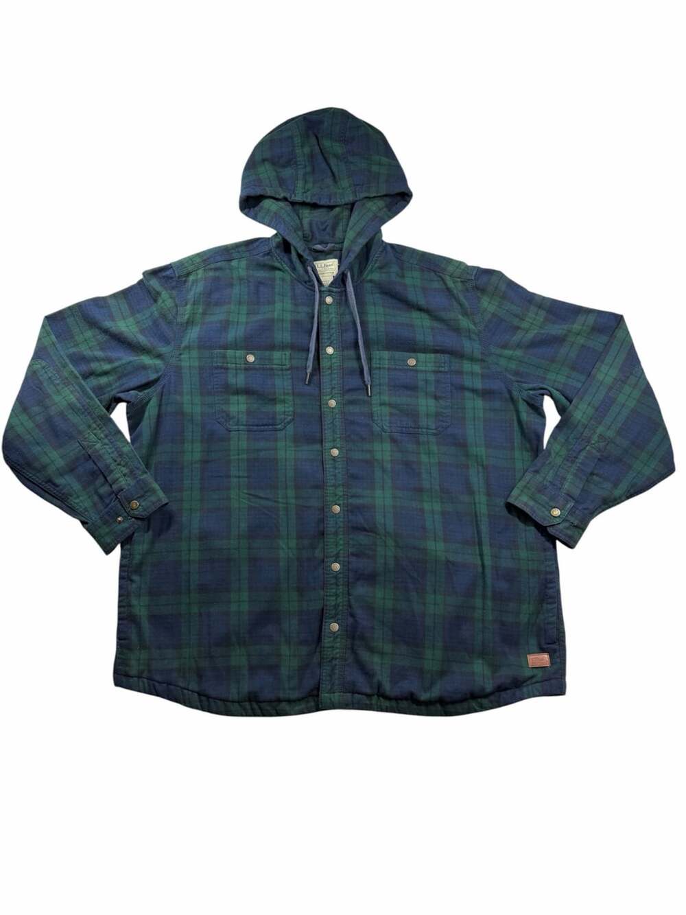 L.L.Bean Men’s XXL Hooded Flannel Shirt Jacket Black Watch Plaid Snap Front